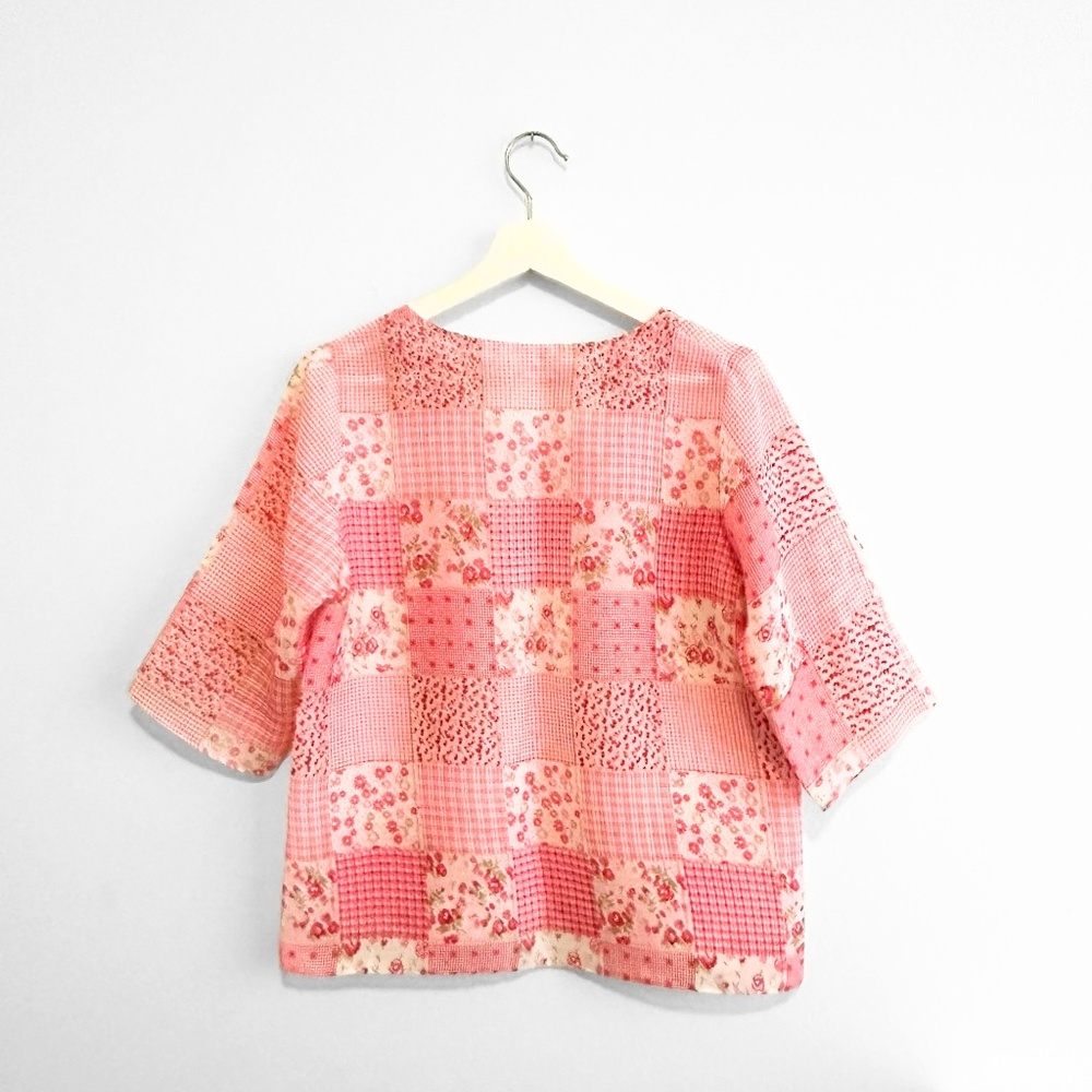 Handmade Pretty Women's Blouse Mid Sleeve Spring Patchwork Floral Gingham Large - Picture 2 of 3